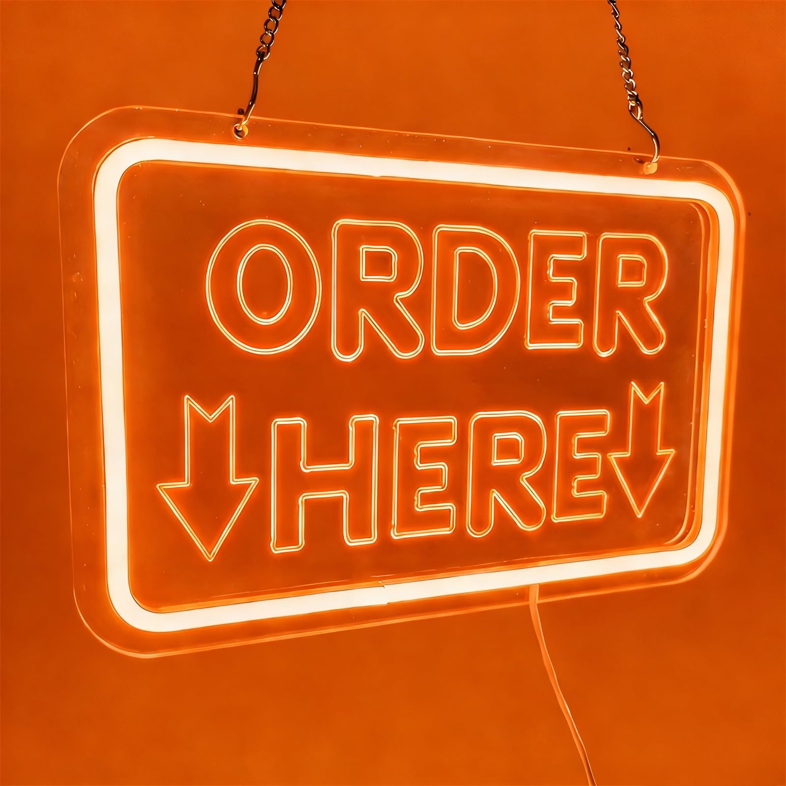 Order Here Letrero de neón, Luces LED de neón USB Regulables para Bares y Tiendas, letreros Decorativos para mostradores de Cajas de restaurantes,Naranja,50x33cm