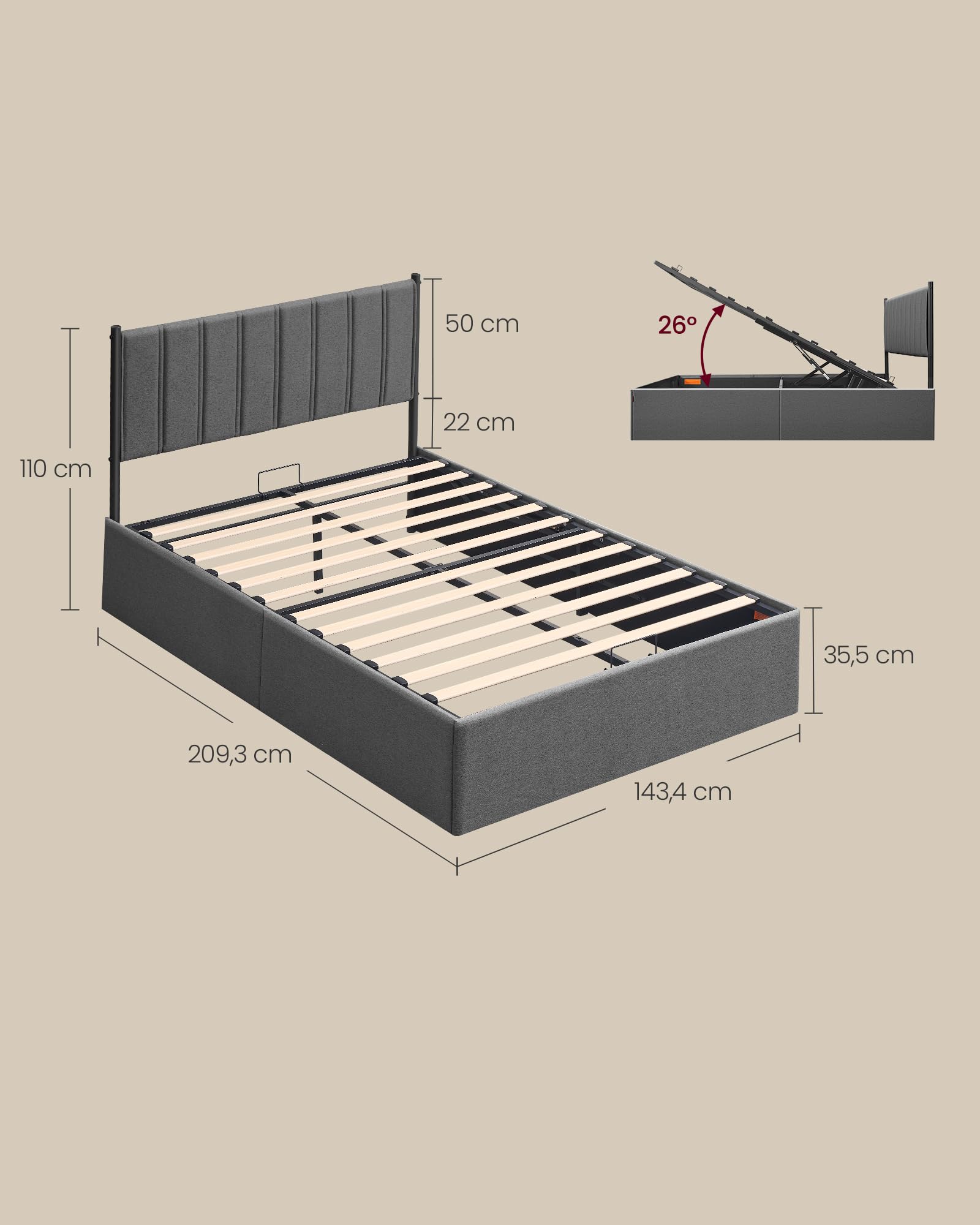 VASAGLE Struttura Letto, 140 x 200 cm, Letto Sollevabile con Contenitore, Testiera, Sollevamento Idraulico, Moderno e Semplice, Montaggio Facile, Grigio Scuro RMB614G02