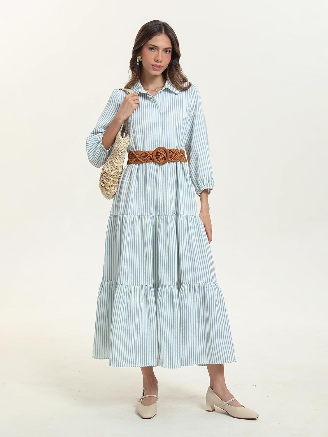 D-Sun Women Long Sleeve Maxi Dress V Neck Button Down Flowy Tiered Ruffle Shirt Dress Casual Fall Long Dresses - Image 5