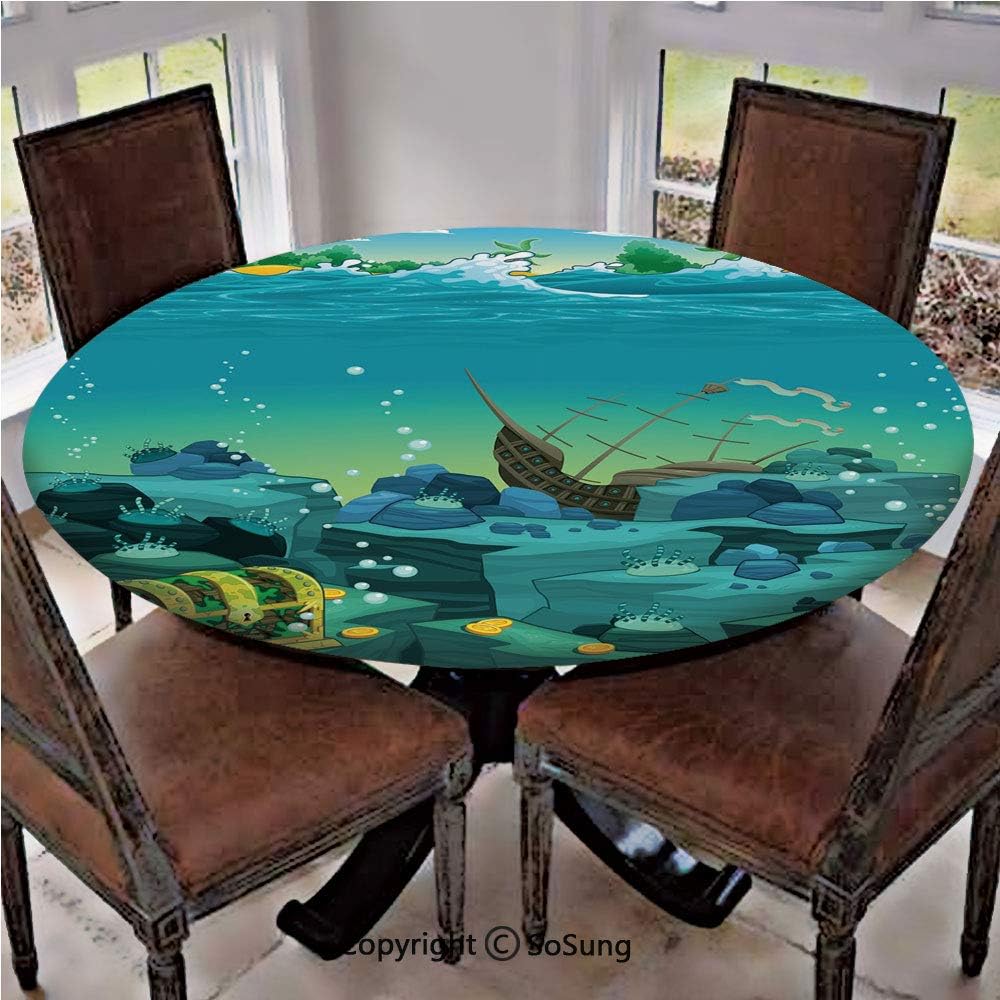Elastic Edged Polyester Fitted Table Cover,Seascape Underwater with Treasure Galleon and Sunk Ship Pirate Kids Print,Fits up to 36" Diameter Tables,The Ultimate Protection for Your Table,Teal Yellow