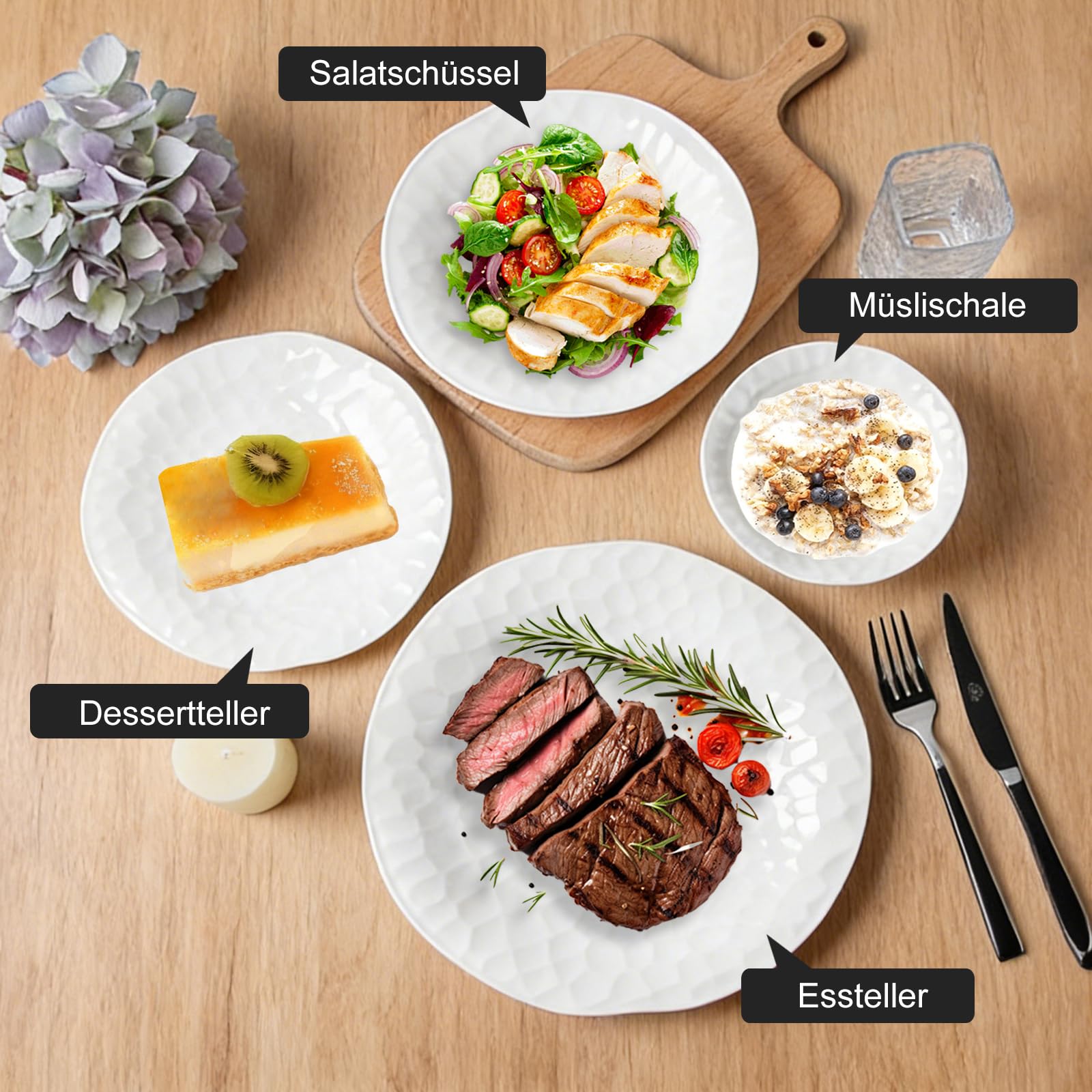 Geschirrset 24-teilig für 6 Personen, Porzellan,Gitterförmig | Dinner set, Tafelservice, Je 6 Speiseteller, Dessertteller, Müslischalen, Salatschüssel, Teller set, Kombiservice 6 personen