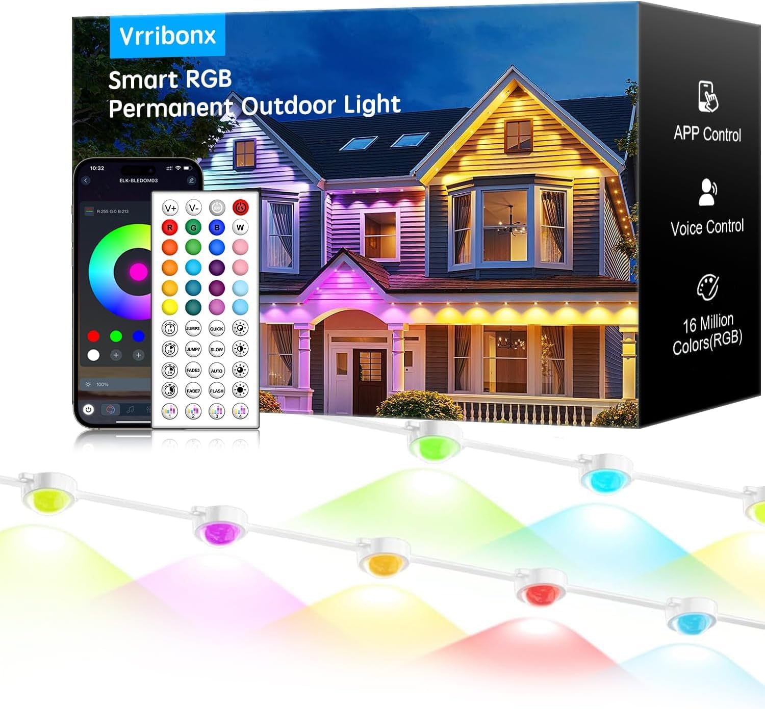 100FT RGB Permanent Outdoor Lights,IP67 Waterproof Smart LED Eaves Lights with App/Remote Control for Christmas and All Holiday Decor,Daily and Accent Lighting,House Roof and Garden