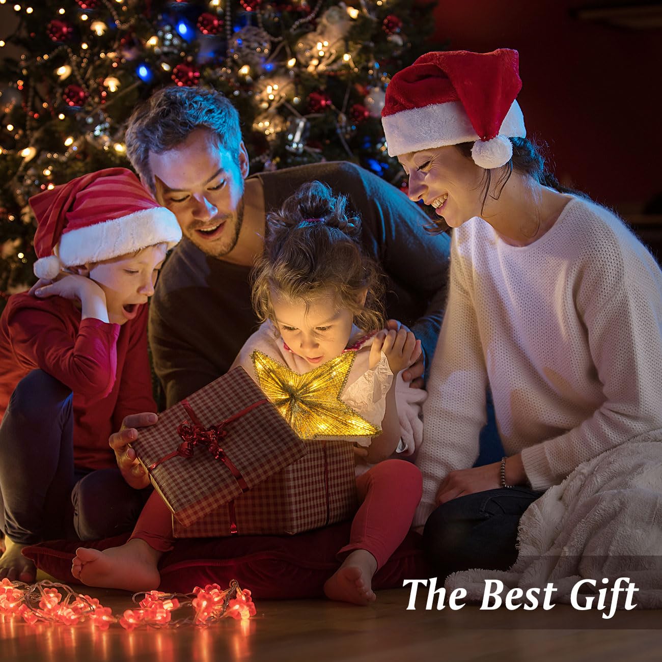Lewondr Estrella de Cinco Puntas para Árbol de Navidad, Adorno de Árbol de Estrella Brillantes, USB con Mando a Distancia Ornamento Colgantes con Luces Led Decorativo Hogar Jardín, Oro
