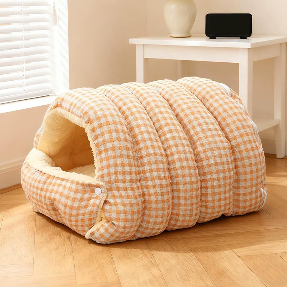 Large Cat Cave Bed, Semi-closed Hooded Warm Pet House Medium Dog Beds Tent, Calming Kitten Puppy Indoor Igloo, Washable Small Cats Nest Kennel (Orange,L-65x40x28cm)