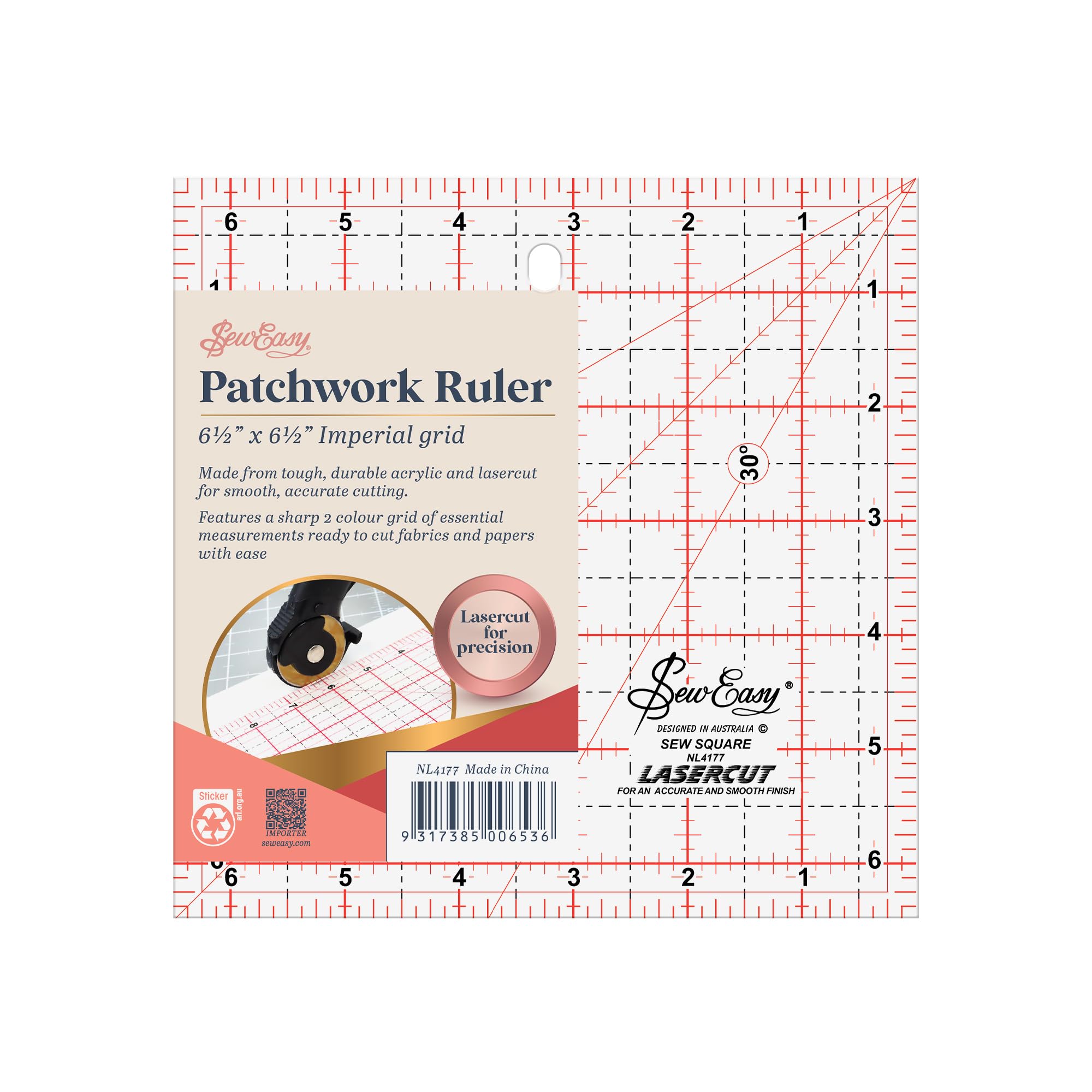 Sew Easy 6.5” Square Template – Quilting & Patchwork Rule for Applique Sewing, Transparent Acrylic Non-Slip — image 1