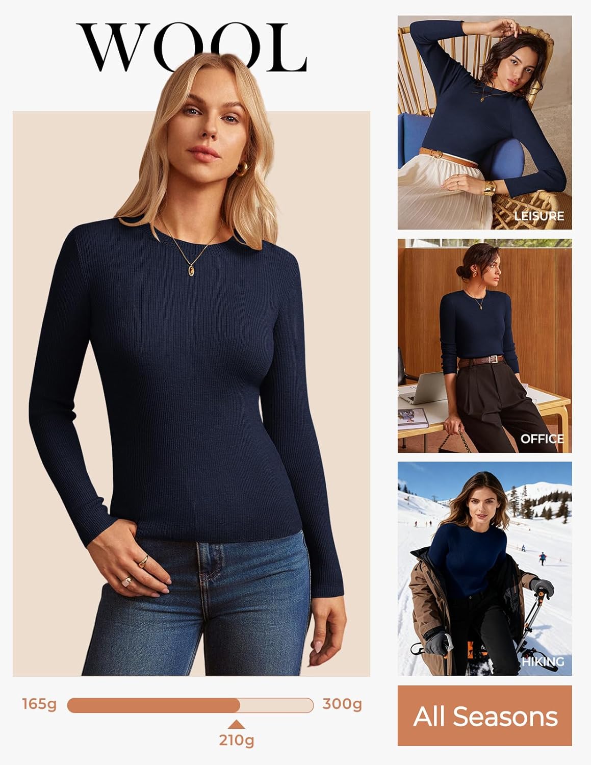 GRACE KARIN Women's 100% Merino Wool Base Layer Sweater, Fall Knit Long Sleeve Pullover Top, Casual Soft Slim Fit Shirt - Image 3