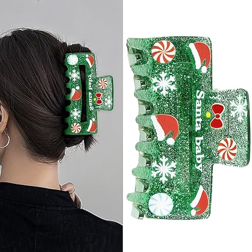 Pinzas de pelo de Navidad para cabello grueso, lindas pinzas para el cabello con purpurina verde, diseño de sombrero de Navidad, horquilla de copo
