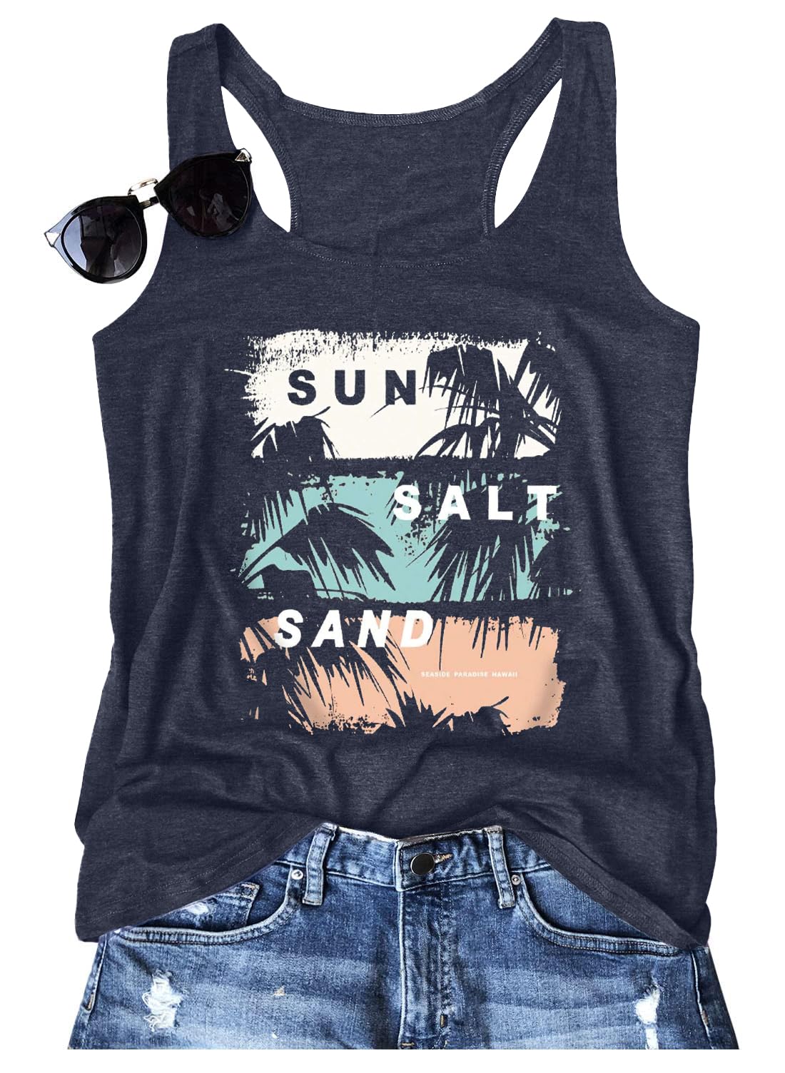 Women Vintage Beach Graphic Racerback Tank Top Summer Vacation Hawaiian Sunset Sun Sand Sleeveless Basic-Fit Shirt Cami