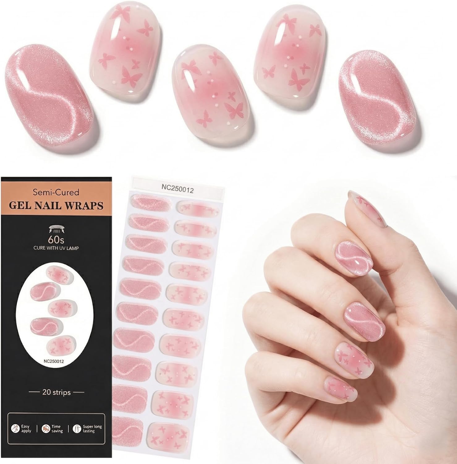 Semi Cured Gel Nail Strips with UV Light Required, Stretchable 3D Cat Eye & Butterfly Jelly Nail Wraps for DIY Manicure, 20 Pcs Long Lasting Nail Stickers Kit with Tools, Blush Pink