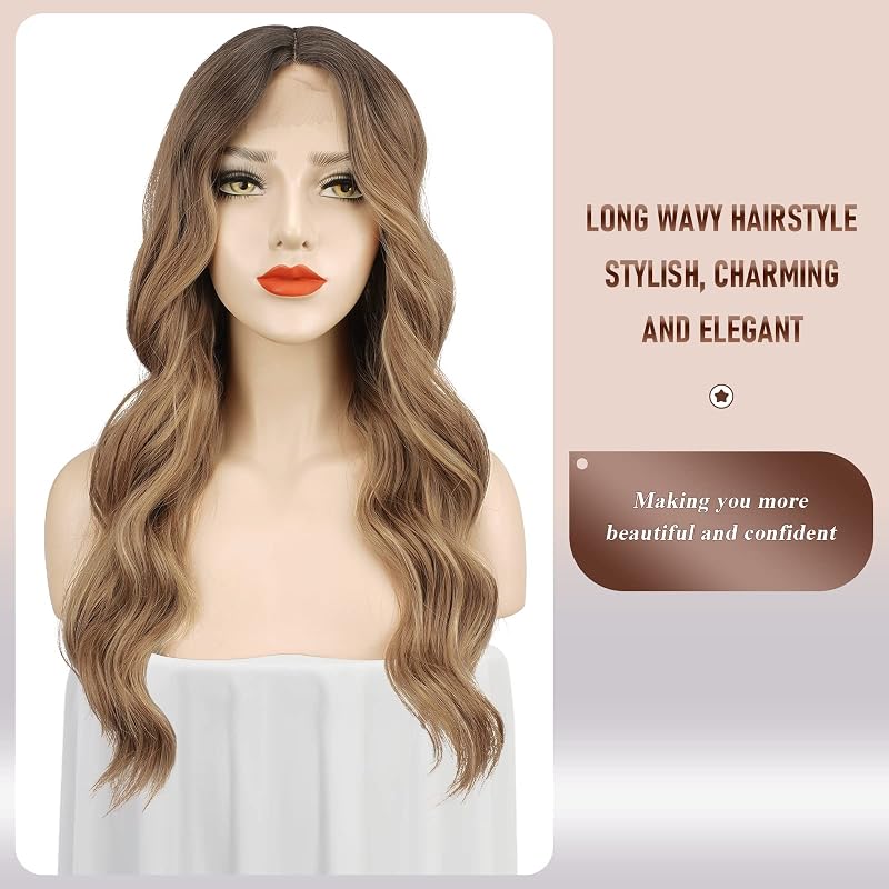 FESHFEN hosszú hullámos paróka barna balayage lace front középválasztással 65cm