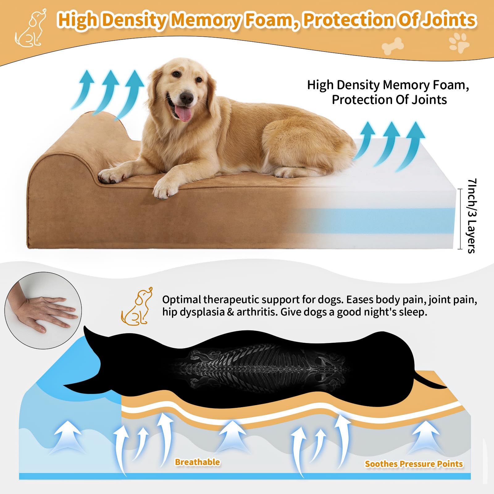Orthopedic Dog Beds for Large Dogs, 7" Memory Foam Dog Beds with Waterproof Liner, Durable Microsuede Cover, Removable and Washable, Nonskid Bottom, 48"x30"x7" L Khaki - image 3