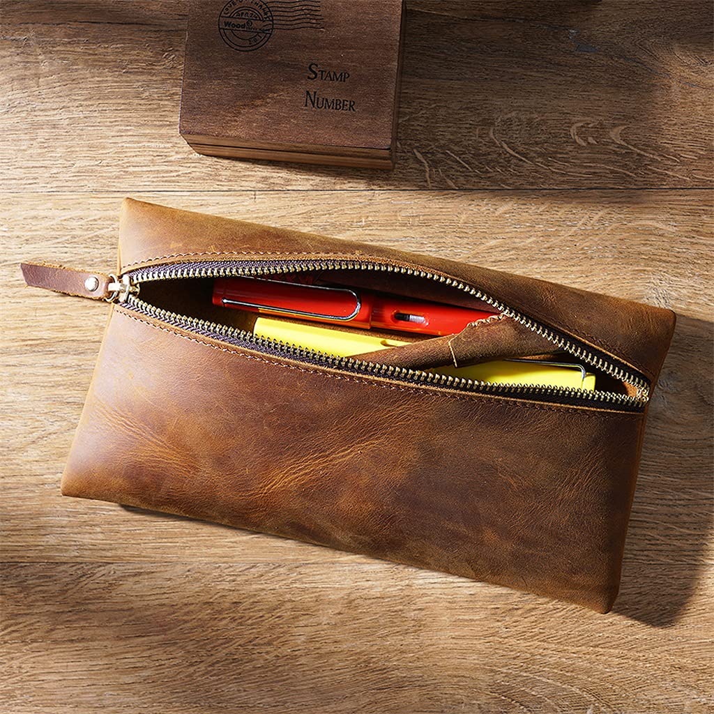 Astuccio per matite con Cerniera retrò in Pelle di Vacchetta Astuccio per Penna con Impugnatura Portatile (E, 23 cm * 12 cm) (A 23 cm * 12 cm)
