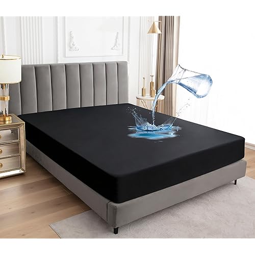 Sufdari Mattress Protector,Waterproof 18" Deep Pocket Mattress Cover Fitted Sheet Style with Elastic Rubber Band,Washable and Easy Care-Black,Queen