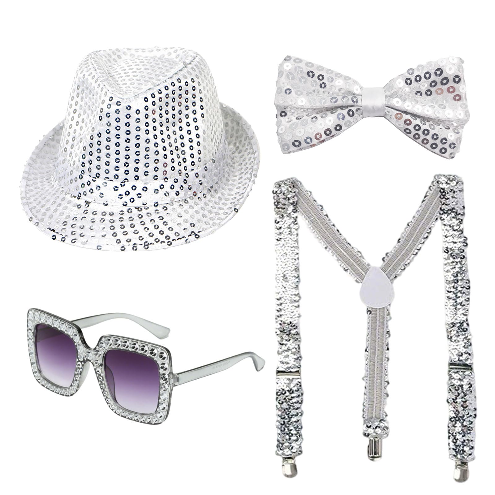 YAUOIPI 4 Pcs Jazz Dance Disco Costume Set, Sequins Hat, Suspenders, Bow Tie, Square Bling Sunglasses