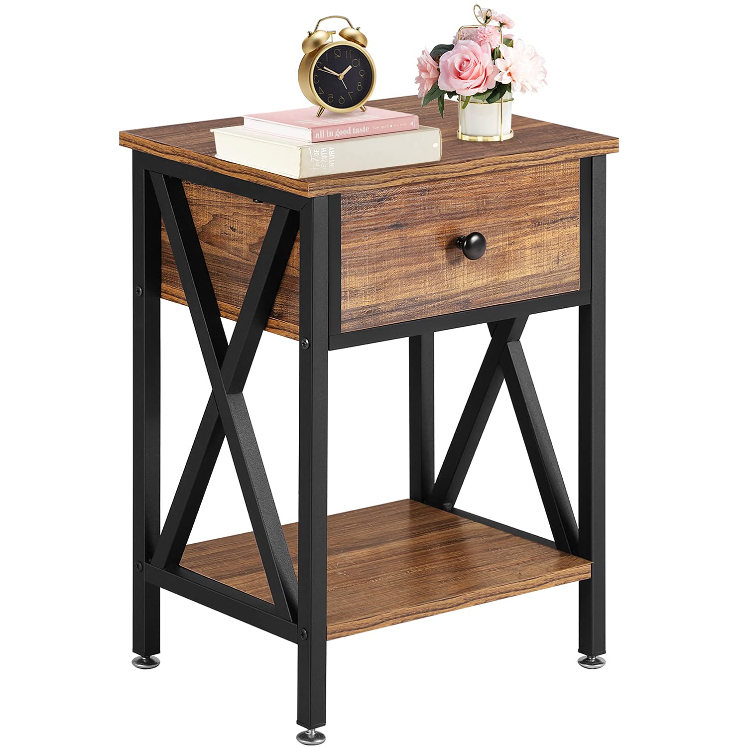 VECELO Modern Side End Table, Nightstand Storage Shelf with Bin Drawer for Bedroom, Lounge, 15.8in11.8in21.7in, Brown