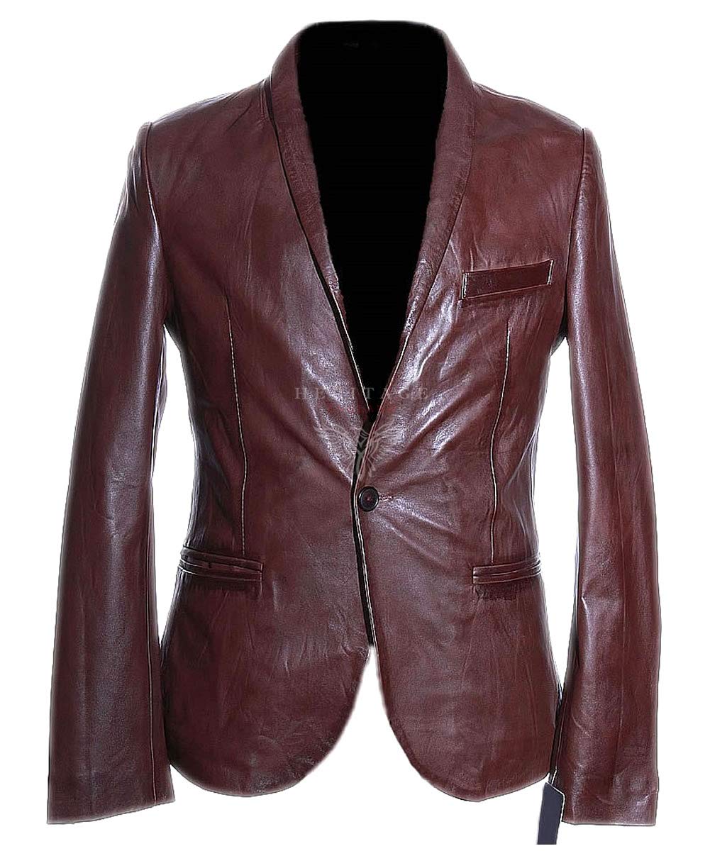 H.e Men's Brown Charlie One Button Smart Casual Real Vintage Italian Lambskin Leather Shawl Collar Blazer Jacket (Xs)