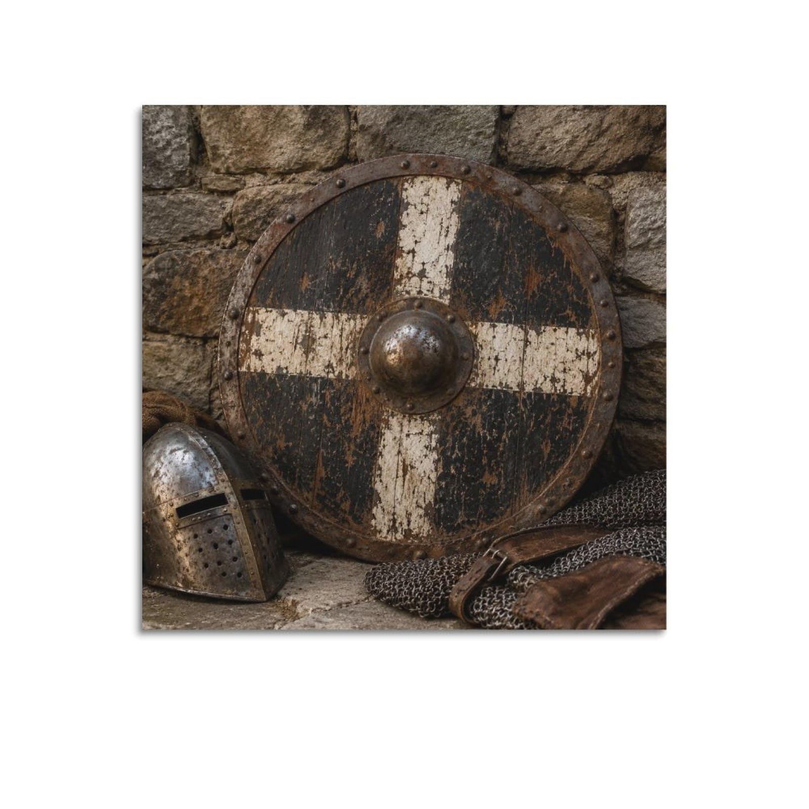 XKUGA Medieval Knight Chainmail Poster Rusted Shield Relic Armor Modern Decorative Canvas Prints - Ideal Wall Art for Family, Man Cave, Game Room, Boys & Girls Bedroom 12x12inch(30x30cm)