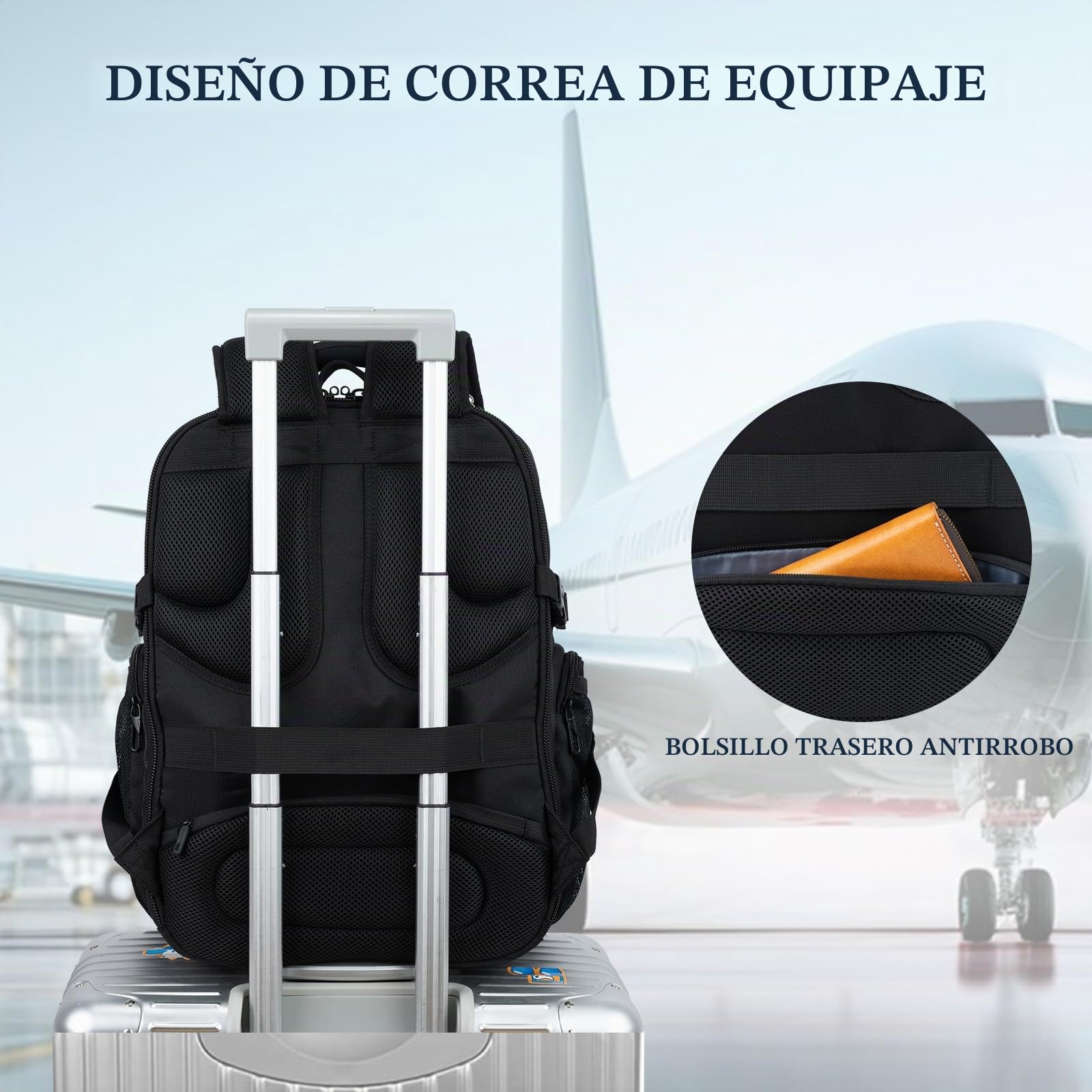 EMPSIGN Mochila Portátil 17" Hombre Antirrobo USB Resistente al agua, Negro | compartimento acolchado, apertura 180°, correa para maleta, transpirable 3D, gran capacidad, costuras reforzadas