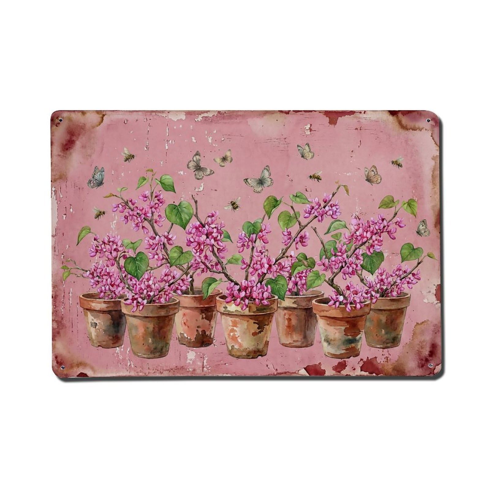 Vintage Rustic Flower Potted Plants Redbud Metal Tin Sign