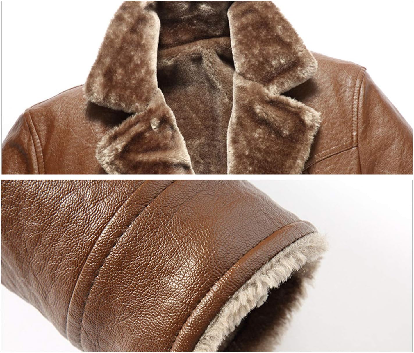 Flygo Men Thick Faux Sherpa Fleece Lined Leather PU Moto Biker Jacket Coat with Button (Large, Brown)