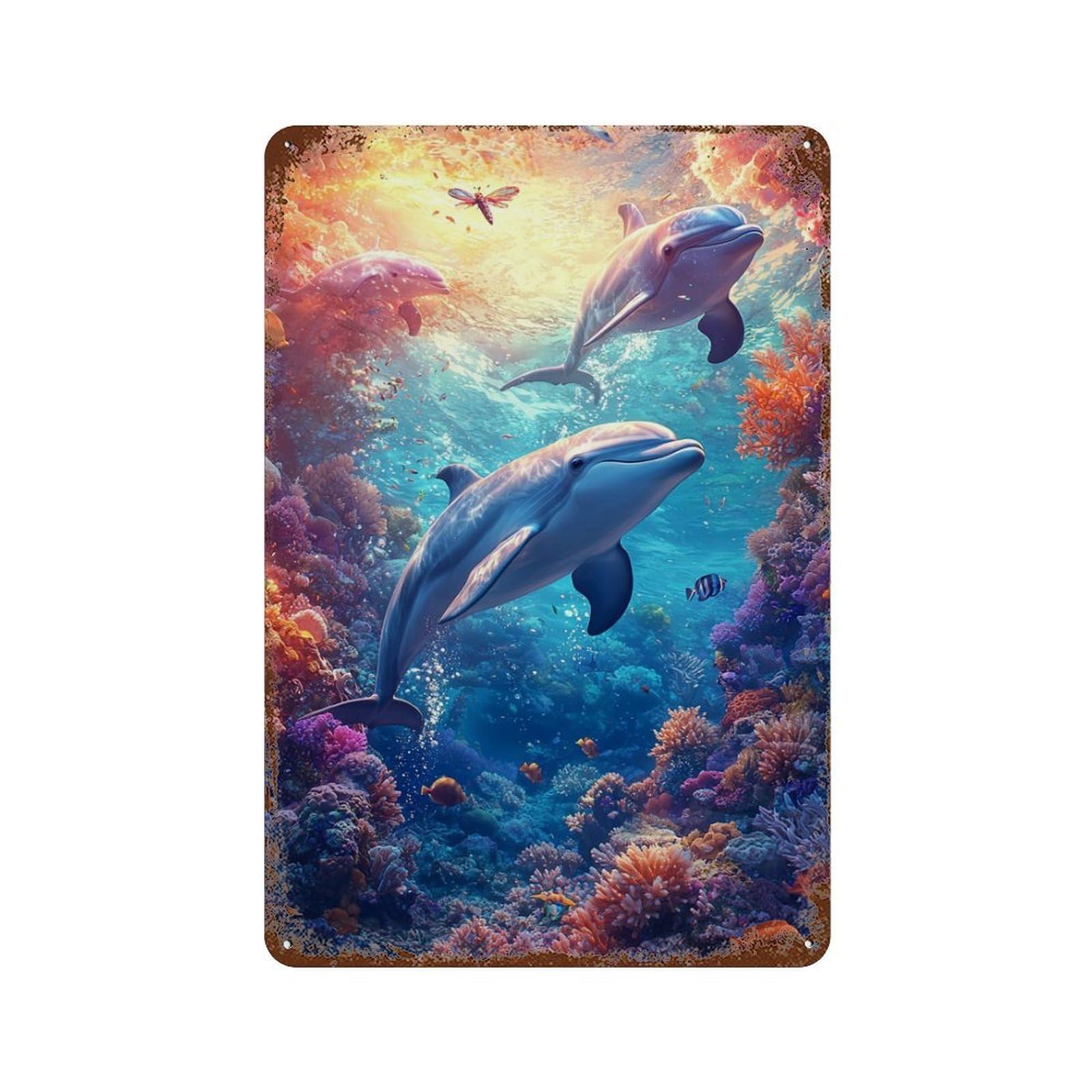 Ocean Life Dolphins & Coral Reef Retro Metal Sign 11.8"x7.9", Shabby Chic Decor for Bistro, Counter And Cafe Decor
