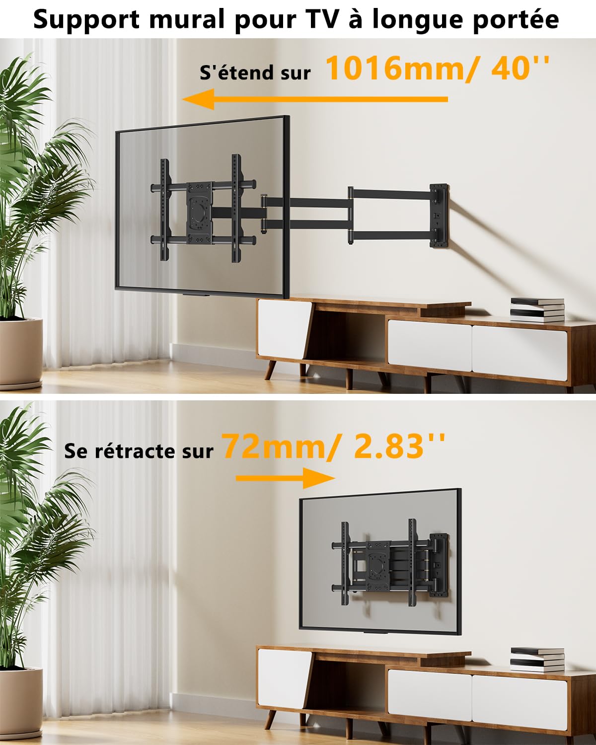 Support Mural TV à Extra Longue Portée 1016mm jusqu'à 45kg | Support TV Mural Orientable et Inclinable pour Téléviseurs 37-75 Pouces Plasma OLED LCD Incurvés/Plats Max. VESA 600x400mm