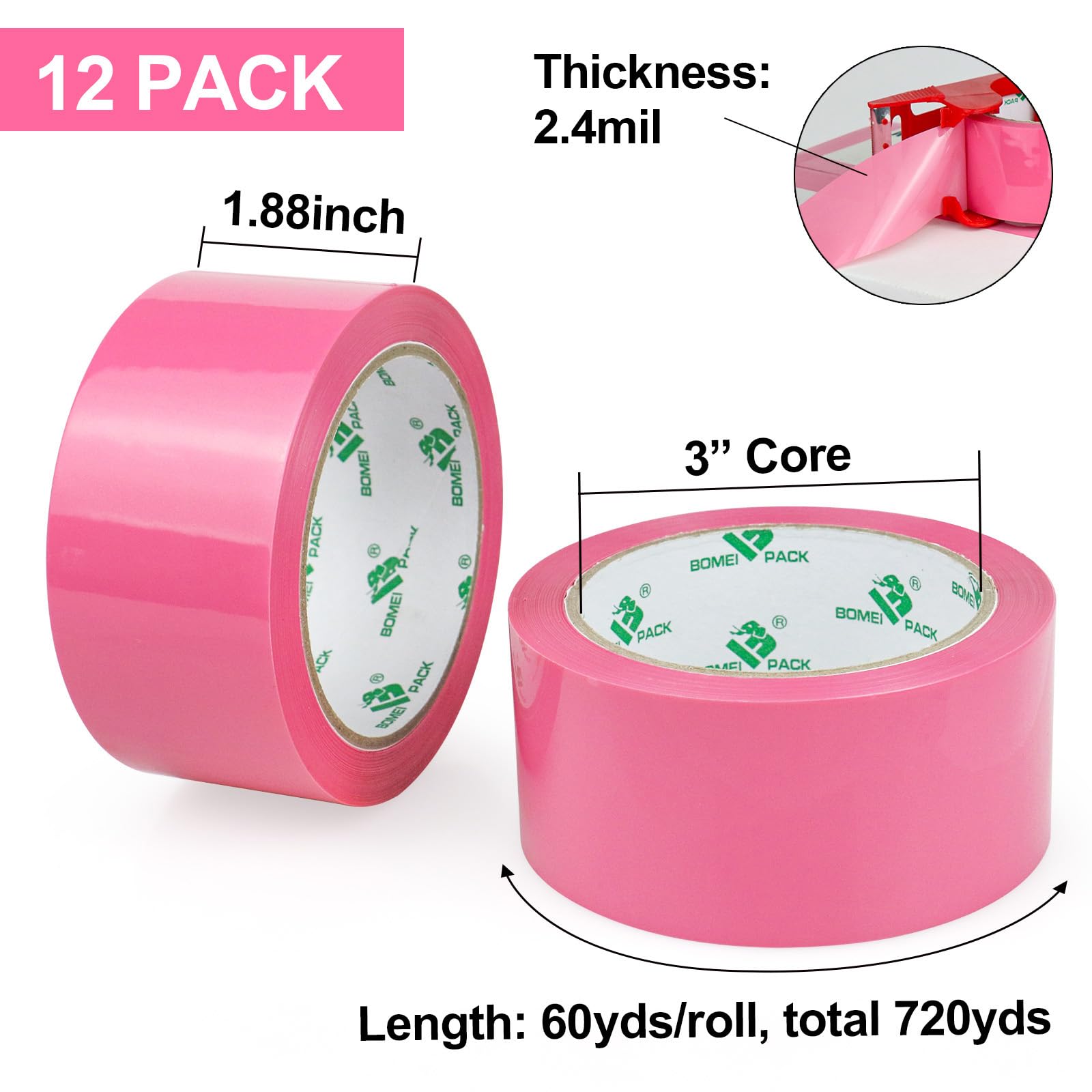 BOMEI PACK Nastro da imballaggio rosa con dispenser, 2,4 mm, 4,7 cm x 60 m, 12 rotoli di ricambio per scatole di colore rosa, nastro per imballaggio, spedizione, spedizione e stoccaggio