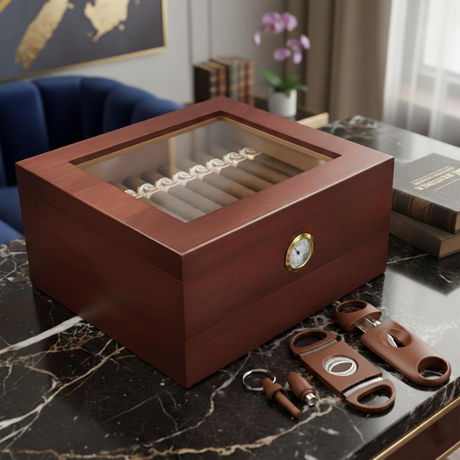 Pine Wood Cigar Humidor with Digital Hygrometer and Accessory Drawer - Handcrafted Two-Layer Large Capacity Cigar Box with Spanish Cedar Lining - Real Glass Top Display for 20-50Cigars, Men's Gift