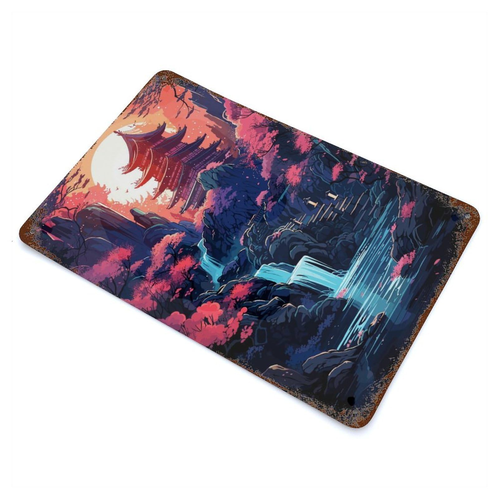 Rusty Metal Tin Sign Japanese Temple Waterfall 11.8"x7.9", Classic Wall Plaque for Cafe, Home Bar And Lounge Decor