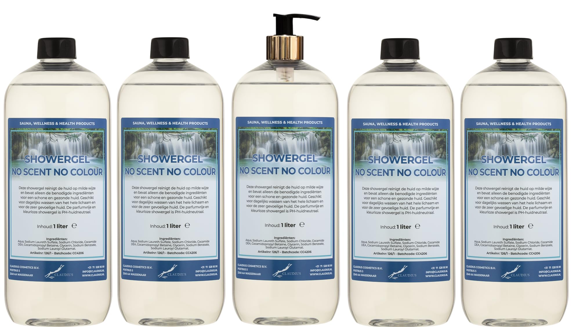 Duschgel No Scent No Colour 5 x 1 Liter mit goldener Pumpe (transparent) | 1 Liter Inhalt, Goldene Pumpe