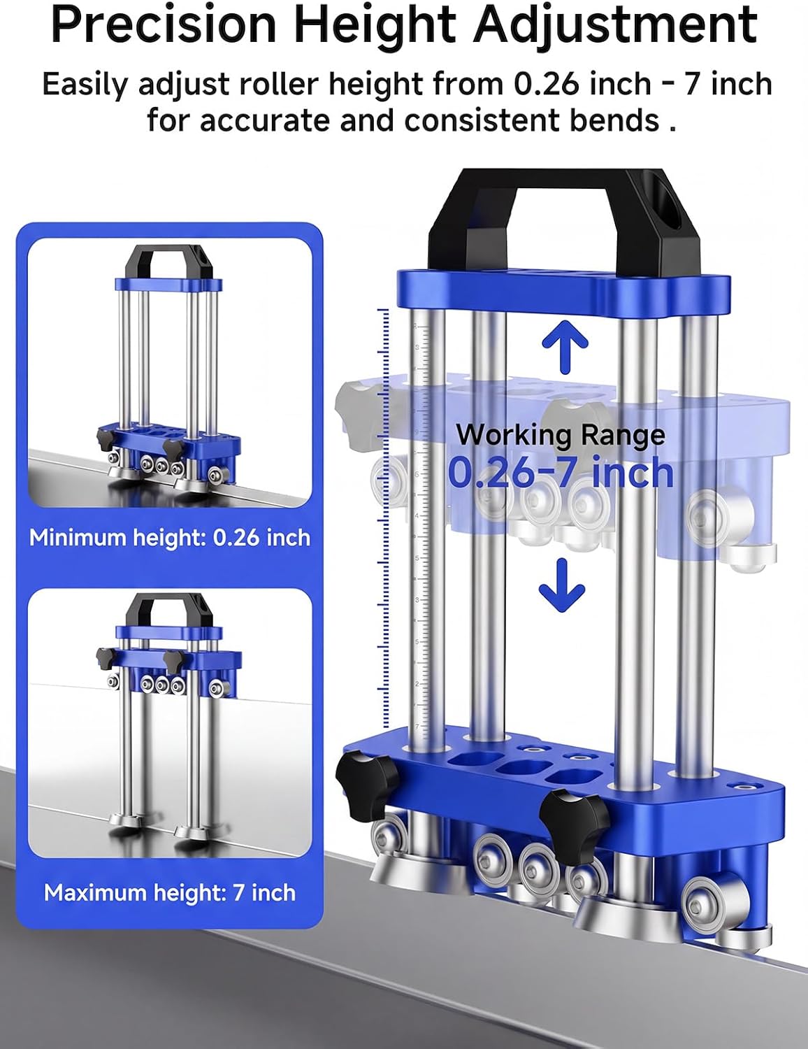 Sheet Metal Edge Bender, Dual-Station Roller Bending Tool for Thin Panels, Precision Edge Roller Roofing and Trim, Angled Rollers for Straight Bends up to 100°, Adjustable Height Accurate Scale, Blue