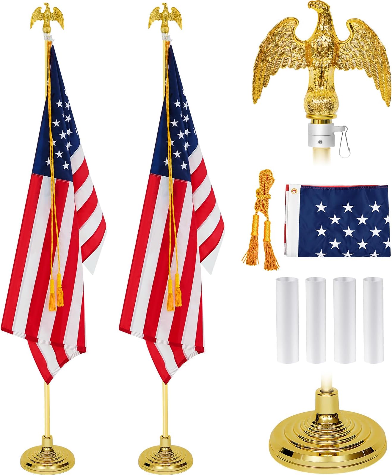 Hicarer 2 Set Metal Telescoping Indoor Flag Pole with Base and Eagle Topper, Independence Day Veteran Day Portable Flag Pole Kit American Heavy Duty Aluminum Us for Office School (6 ft)