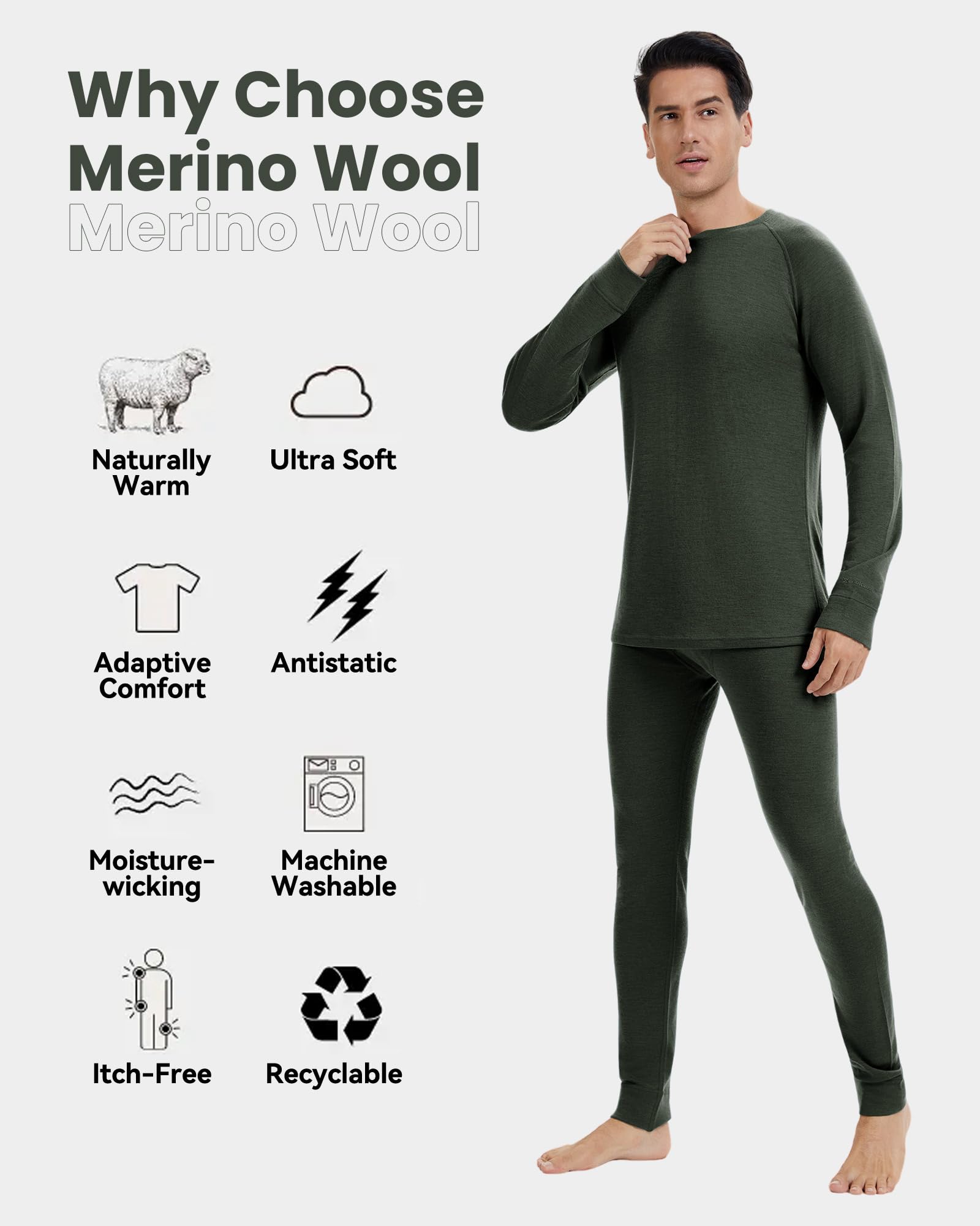 Herren-Unterwäschesets aus 100 % Merinowolle, leichte und mittelschwere Thermo-Unterwäsche, Geschenk-Set mit Wollmütze