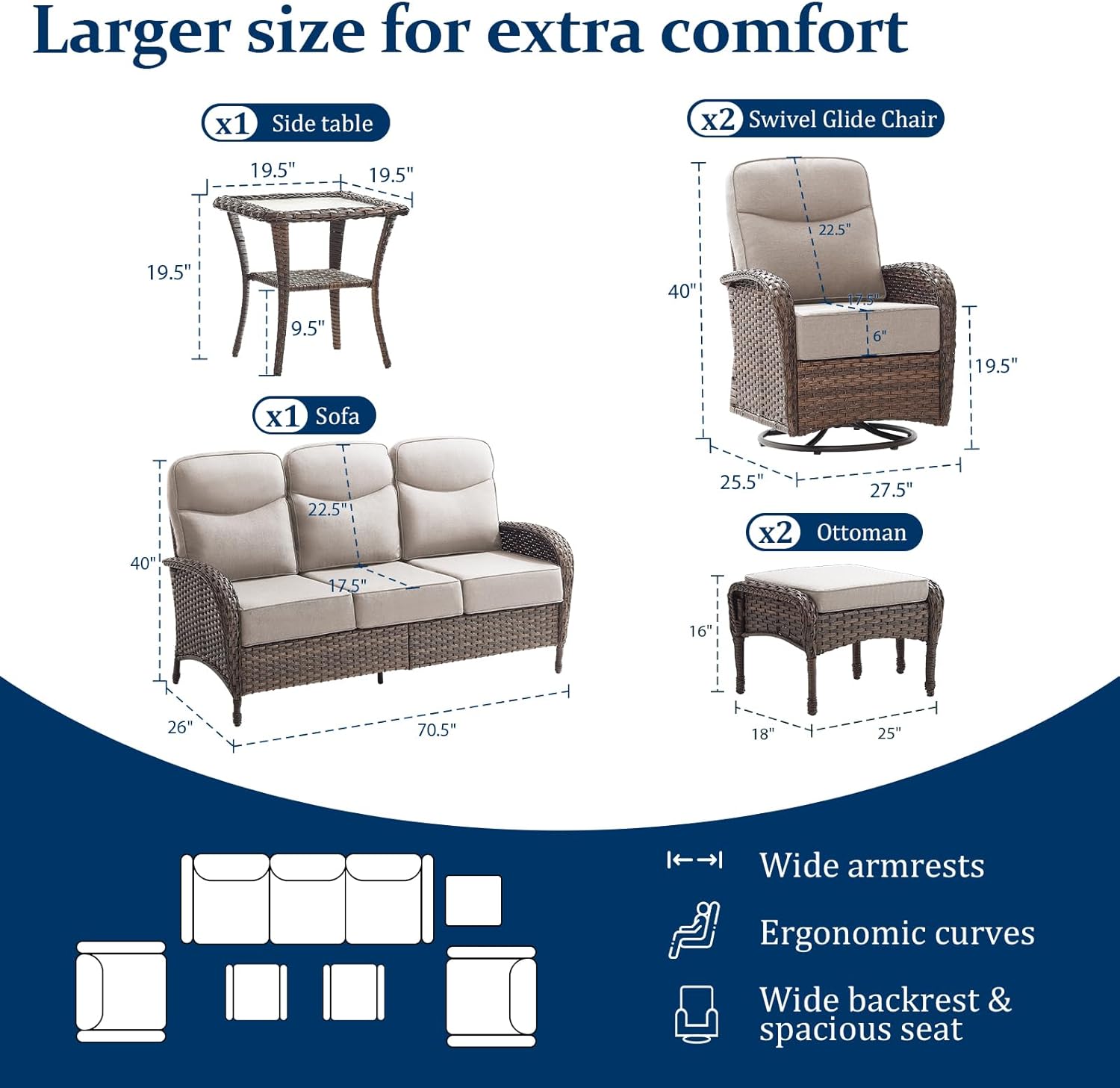 Outdoor Swivel Rocking Chair Patio Set (6-Piece), High-Back - Thick Cushion Swivel Rocking Chair Patio Set, All-Weather Wicker Patio Furniture Set, Suitable for Balcony Patios, Brown/Beige