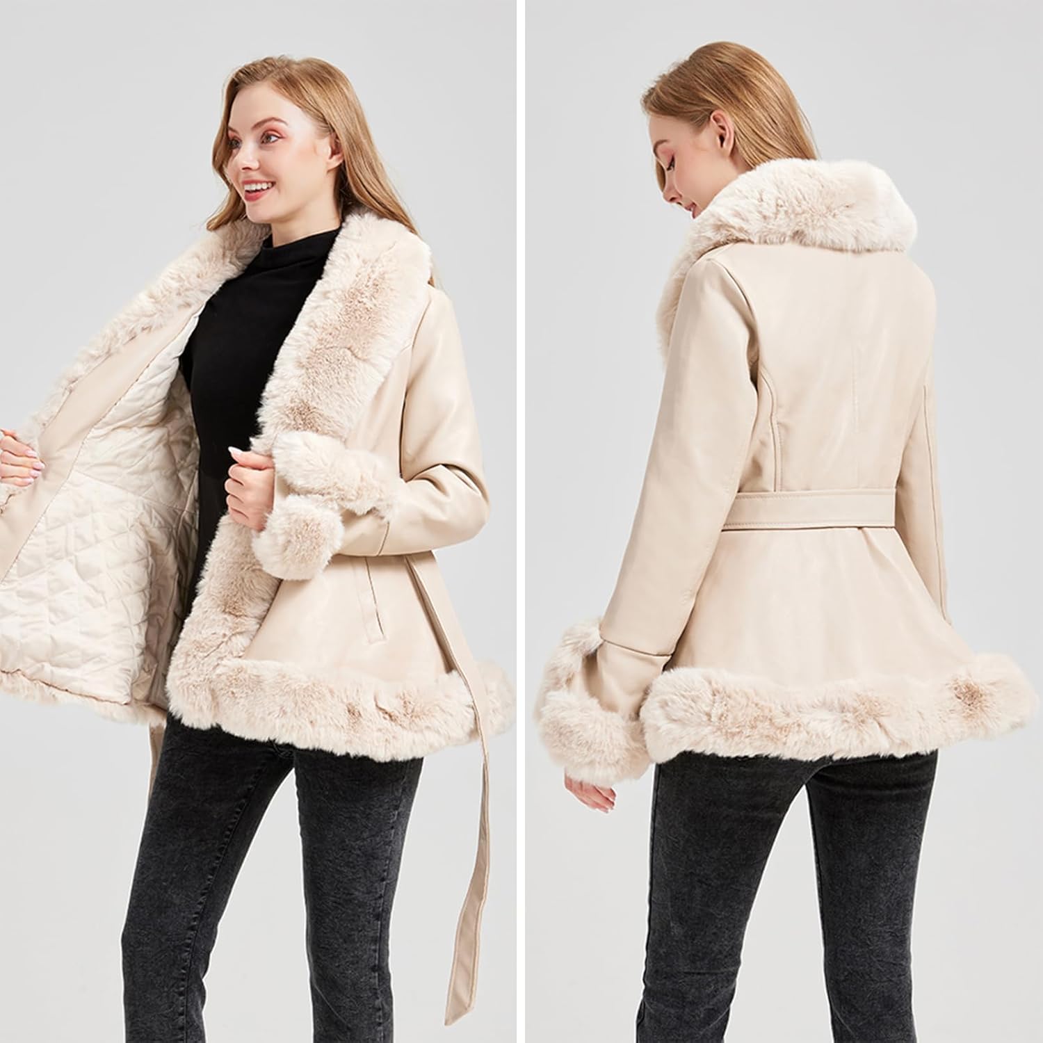 Women Warm Trendy Cropped Faux Fur Coat Fluffy Open Front Jacket Faux Leather Bubble Shaggy Short Fall Cardigan - Image 3