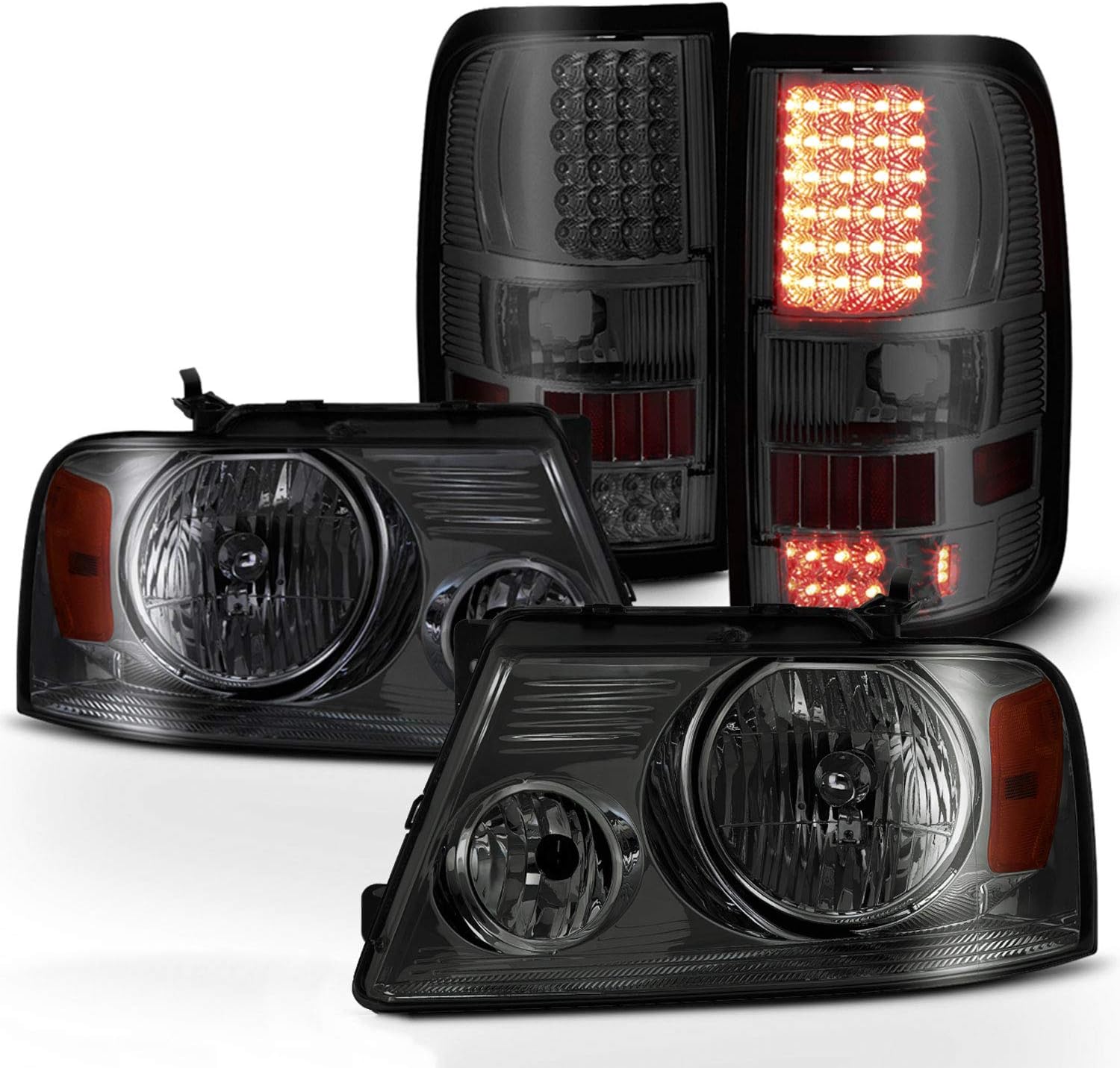 AKKON - Fits 2004-2008 Ford F150 Pickup Smoked Headlights + Styleside Type Red SMD LED Smoke Tail Brake Lamp Pair Left + Right