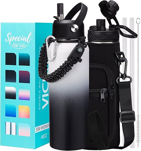 VICKNIY Botella de agua aislada de 40 onzas  Frío-48 horas caliente-24 horas, a prueba de sudor, botella de agua grande de acero inoxidable con