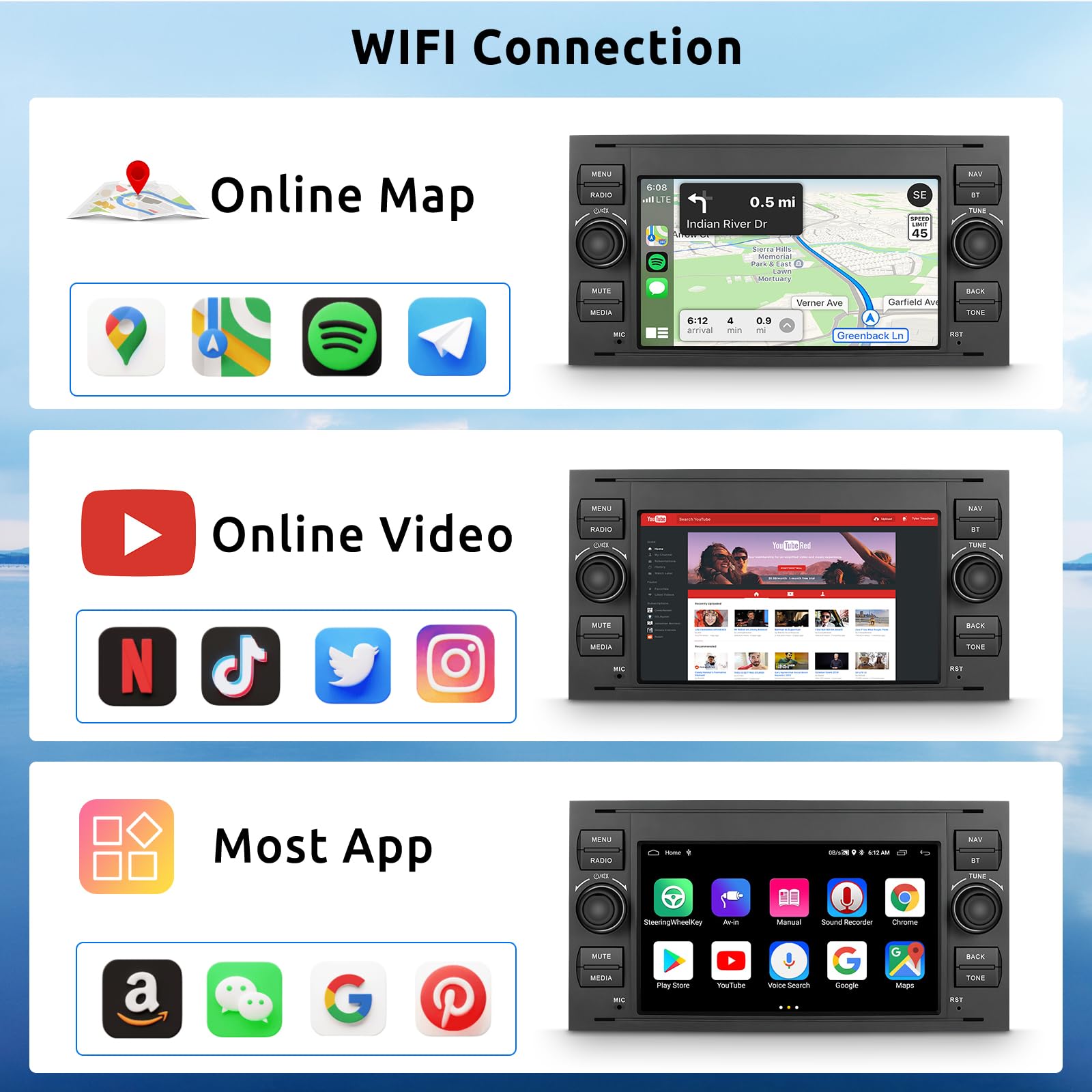 2G+64G Radio Coche Android 13 para Ford Focus Fiesta C/S-MAX Transit Galaxy Mondeo Connect con Pantalla Táctil HD 7” con CarPlay y Android Auto GPS Wi-Fi USB BT FM RDS