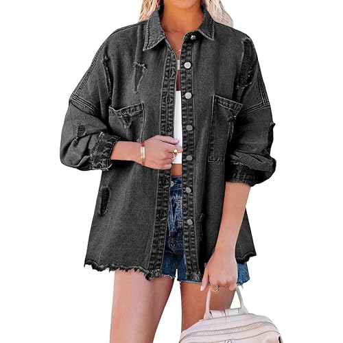 EVALESS Jean Jacket for Women Distressed Frayed Denim Jacket Ladies Ripped Stretchy Jacket With Pockets