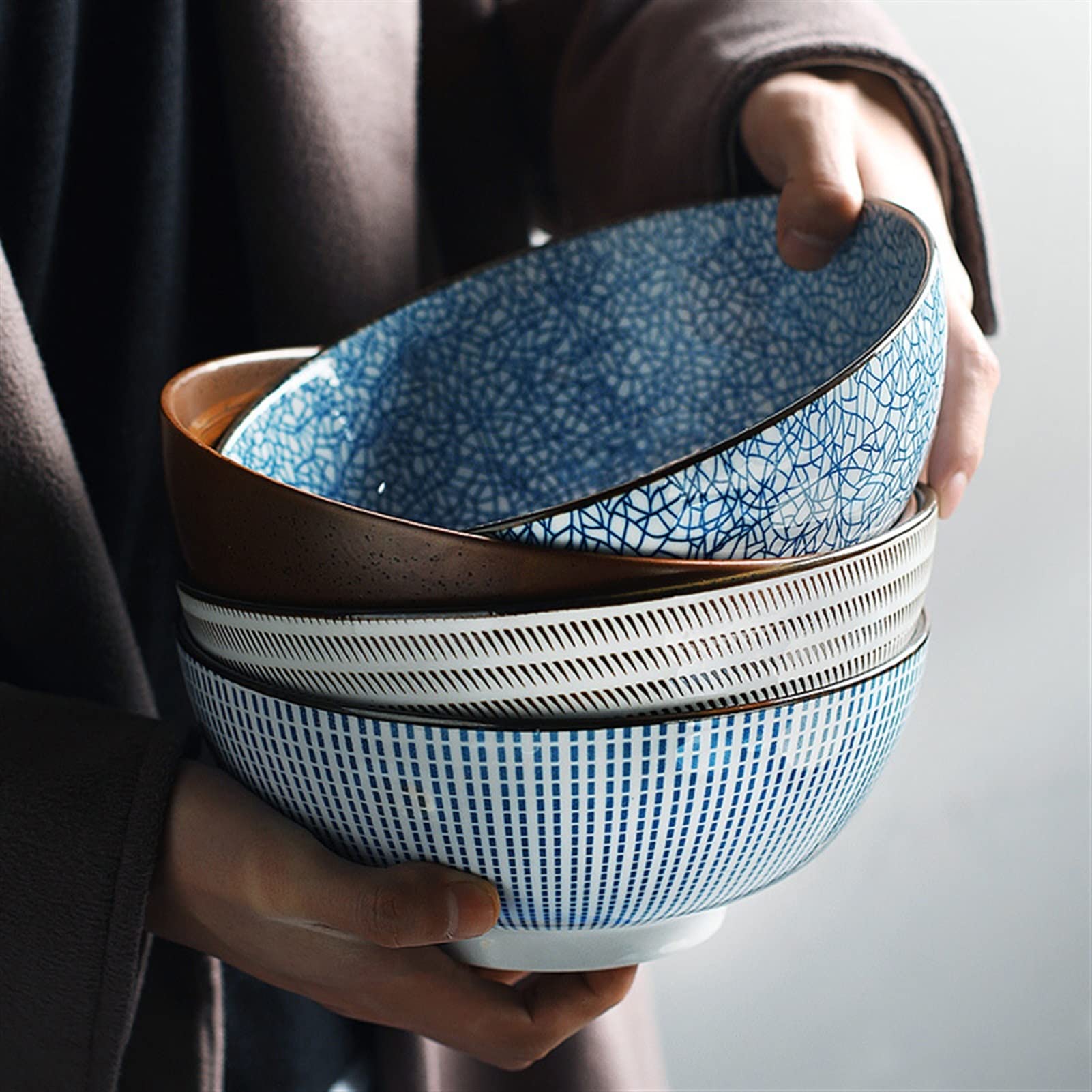 8-calowa ceramiczna miska na makaron w paski Duża miska na zupę Restauracja Zastawa domowa w stylu retro /372(A)