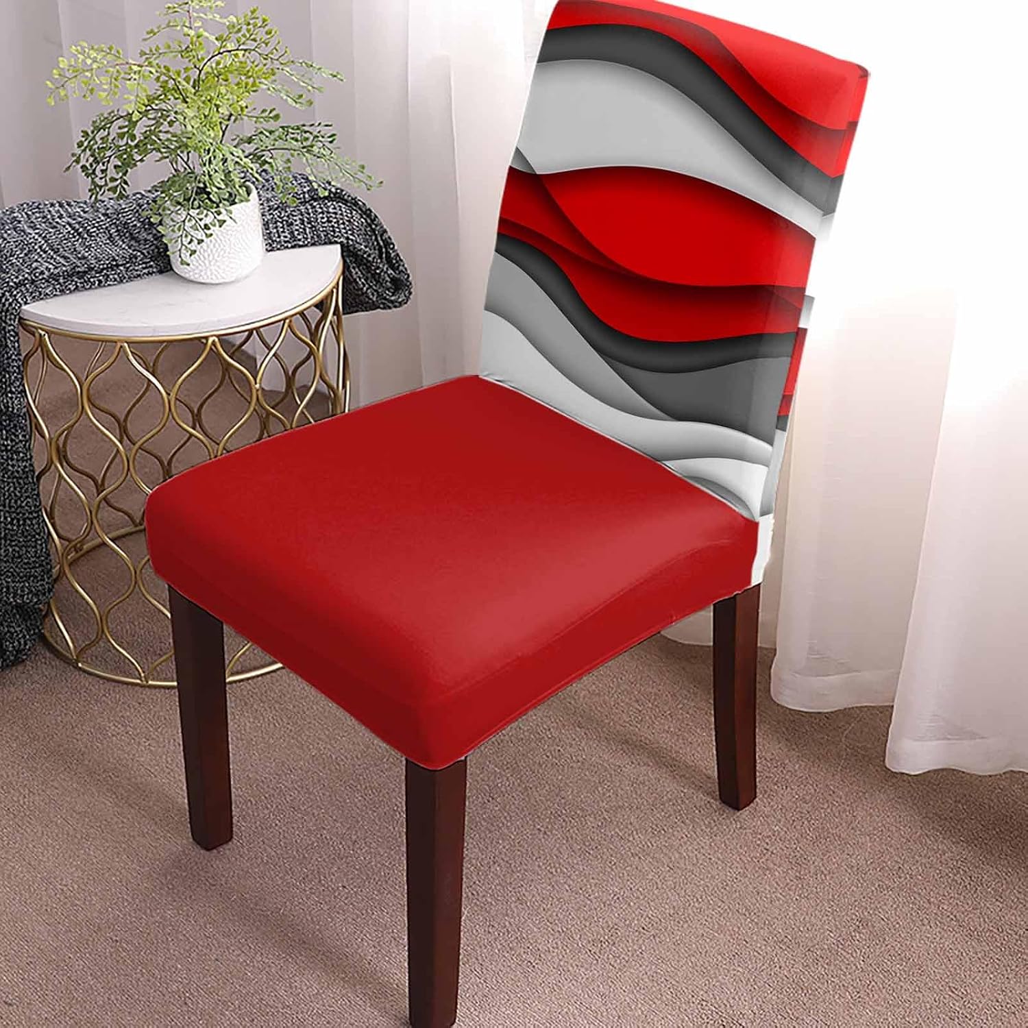 Abstract Geometric Dining Chair Covers Set of 4 Red Gray Gradient Waves Contemporary Stretch Chair Covers for Dining Room Removable Seat Protectors Slipcovers for Home Party Weeding Banquet