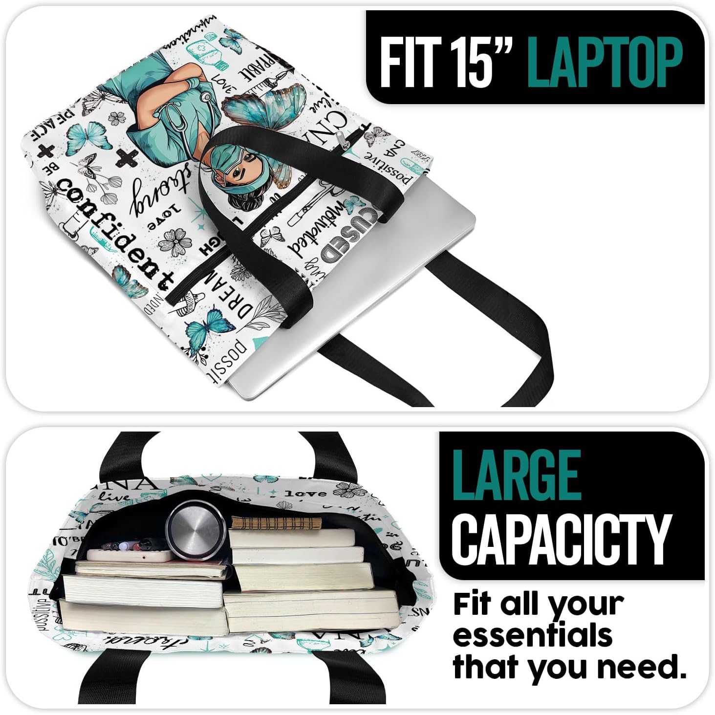 84hoods Large Tote Bag for Work for Women. Waterproof Shoulder Bag with Pockets and Zipper. Gift for CNA Nurse.