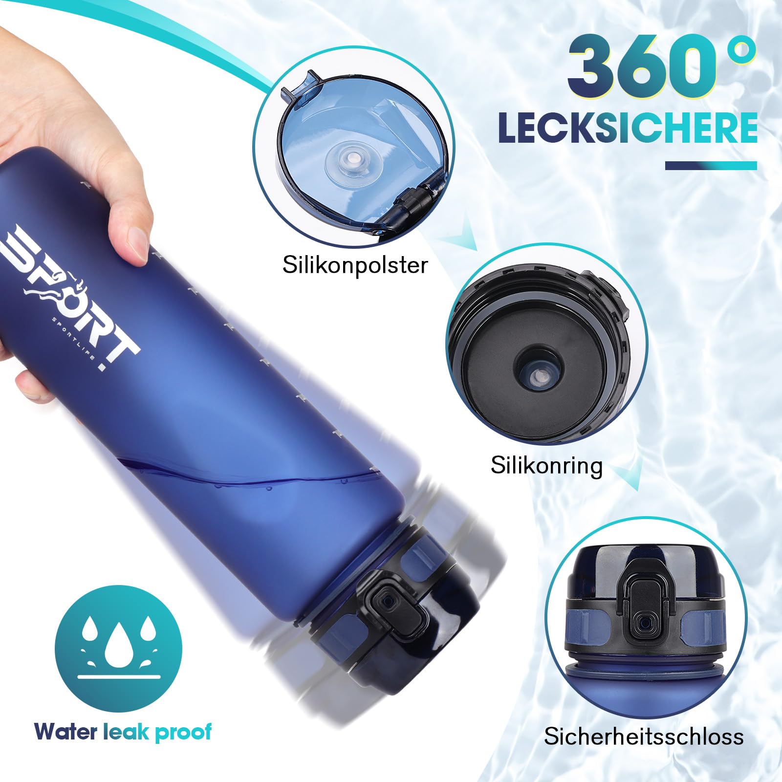 AOPREL Borraccia sportiva da 1 l, adatta agli acidi gassati, a prova di perdite, per bicicletta, senza BPA, con scala di capacità per attività all'aperto, scuola, campeggio