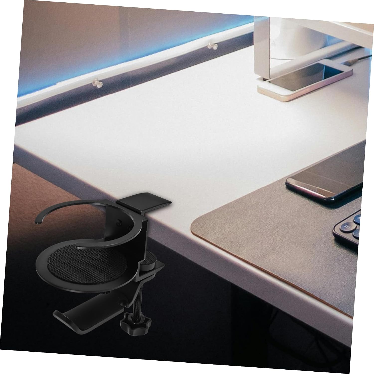 Desk Clamp Cup Holder Headphone Hook Rotatable Design Space-Saving Table Cup Holder for Pc Gaming Easy Installation Modern Aesthetic