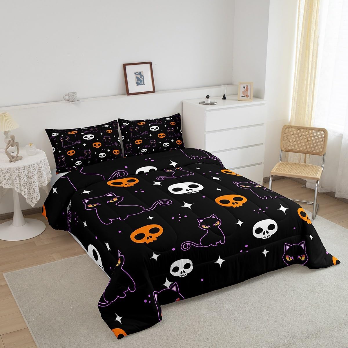 Erosebridal Gradient Black Cat Comforter Set Full Size,Halloween Skull Bedding Set for Youth Adult,Galaxy Moonight Duvet Insert Lightweight,Skeleton Quilt 3 Piece,Halloween Decorations for Home