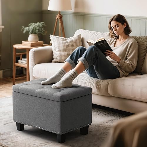 Miniatura 9 de MoNiBloom Banco otomano de 24 pulgadas con almacenamiento para dormitorio, banco contemporáneo de lino verde copetudo, reposapiés, taburete otomano