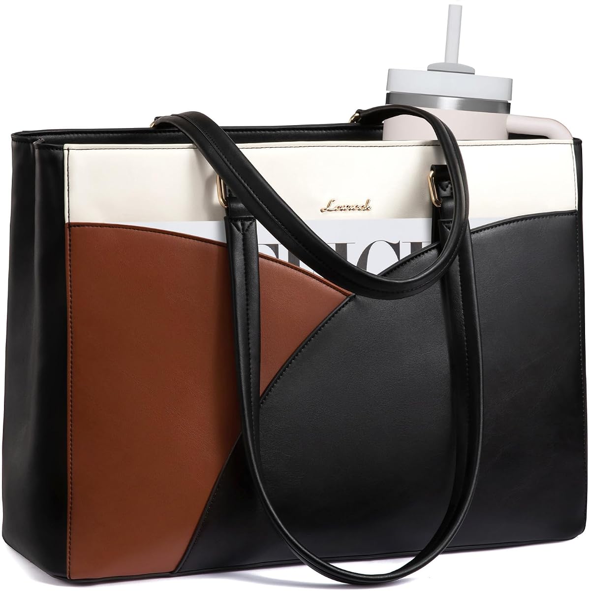 Bolsa para portátil LOVEVOOK para mujer Bolsa para portátil, 15,6 pulgadas negro-blanco-marrón | Compartimento para ordenador, cuero impermeable, bolsas para profesor de trabajo Bolsa para portátil de cuero Bolsa para ordenador impermeable para mujer