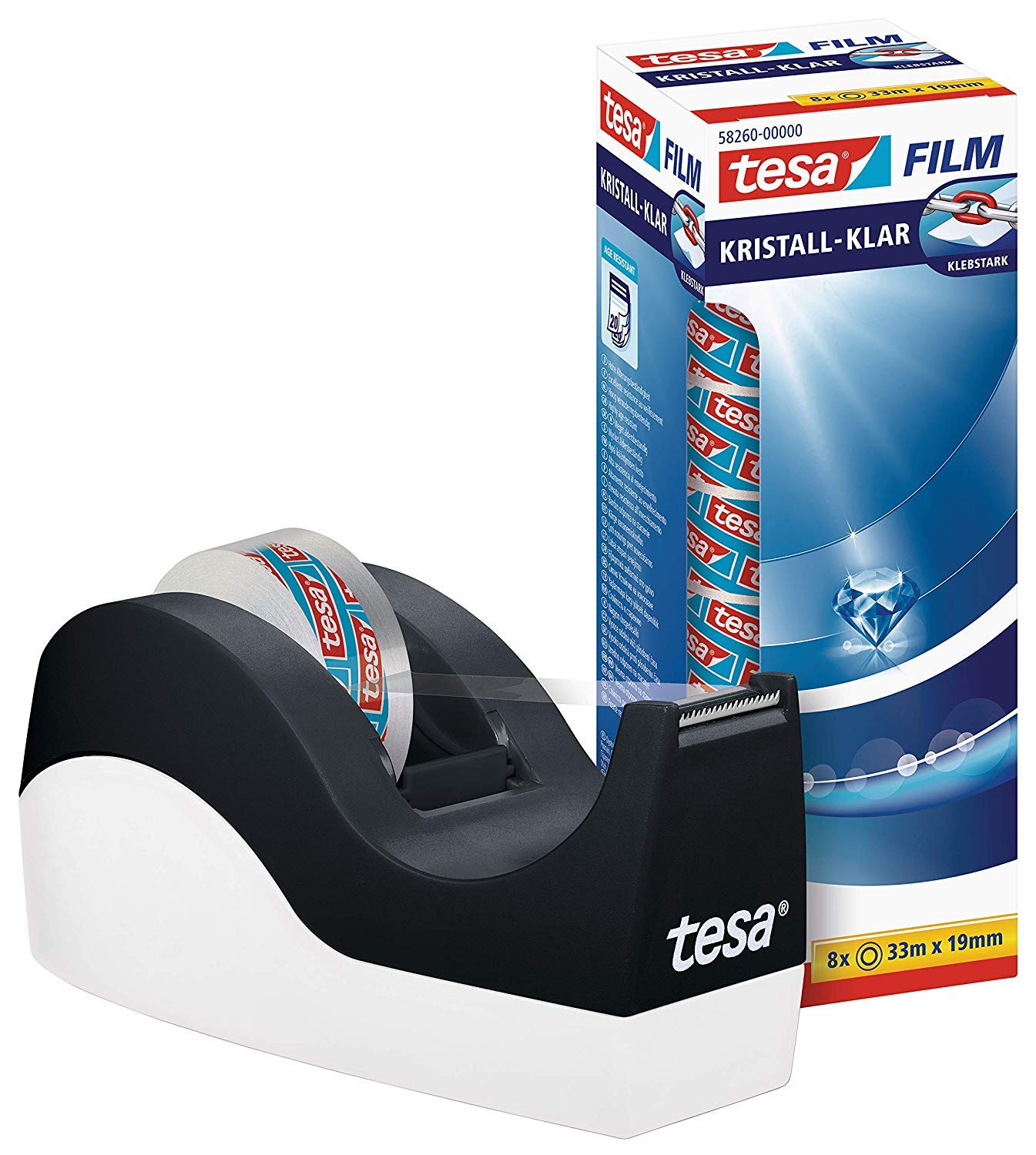 tesa Easy Cut Orca Tischabroller (rutschfest, einfache Handhabung, sauberer Schnitt mit 16 Rollen tesafilm kristall-klar 33m:19mm)
