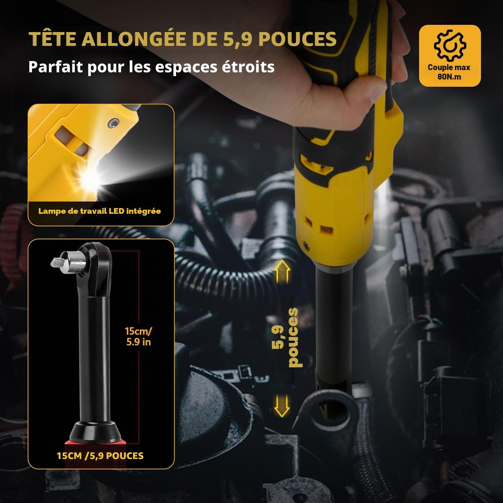Clé à cliquet sans fil pour Dewalt 18 V 20 V, 3/8" (3/8") - Entraînement électrique à tige de 16 cm de long - Avec lumière LED - 300 tr/min - 80 Nm - Pas de batterie