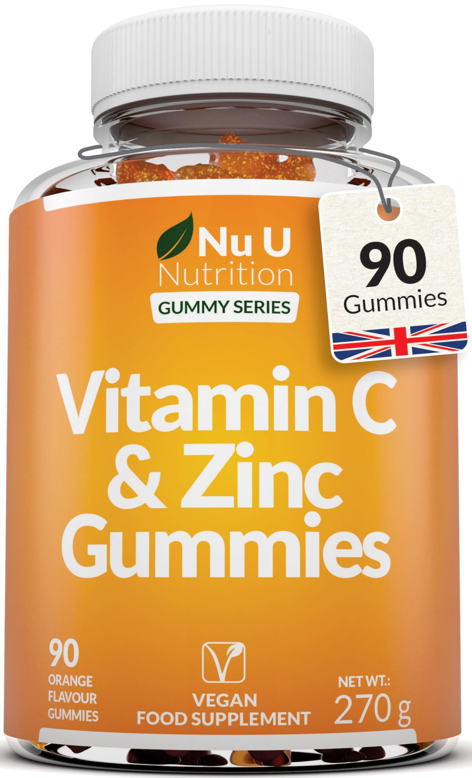 Vitamin C and Zinc Gummies - 90 Vegan Gummies - 120mg Vitamin C & 12mg Zinc per Serving - Natural Orange Flavour - Made in The UK - Nu U Nutrition